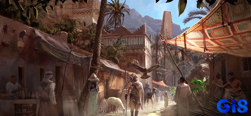 Game Assassin’s Creed Origins mở ra thế giới Ai Cập rộng lớn, nơi Bayek khám phá nhiệm vụ, săn bắn và sử dụng đại bàng Senu để trinh sát từ trên cao