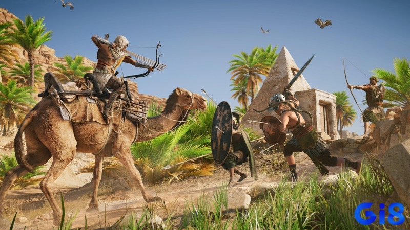 Game Assassin’s Creed Origins giới thiệu hệ thống chiến đấu chiến thuật mới, nơi Bayek né tránh, tấn công và nâng cấp vũ khí để phù hợp với kẻ địch
