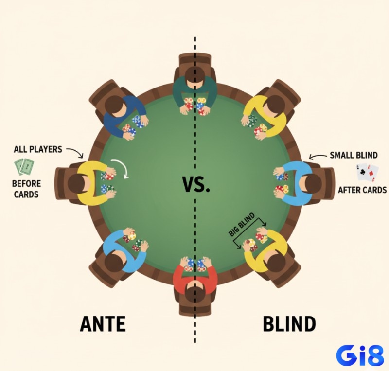 Người chơi poker trên bàn thể hiện sự khác biệt giữa ante (mọi người) và blind (vị trí cụ thể)