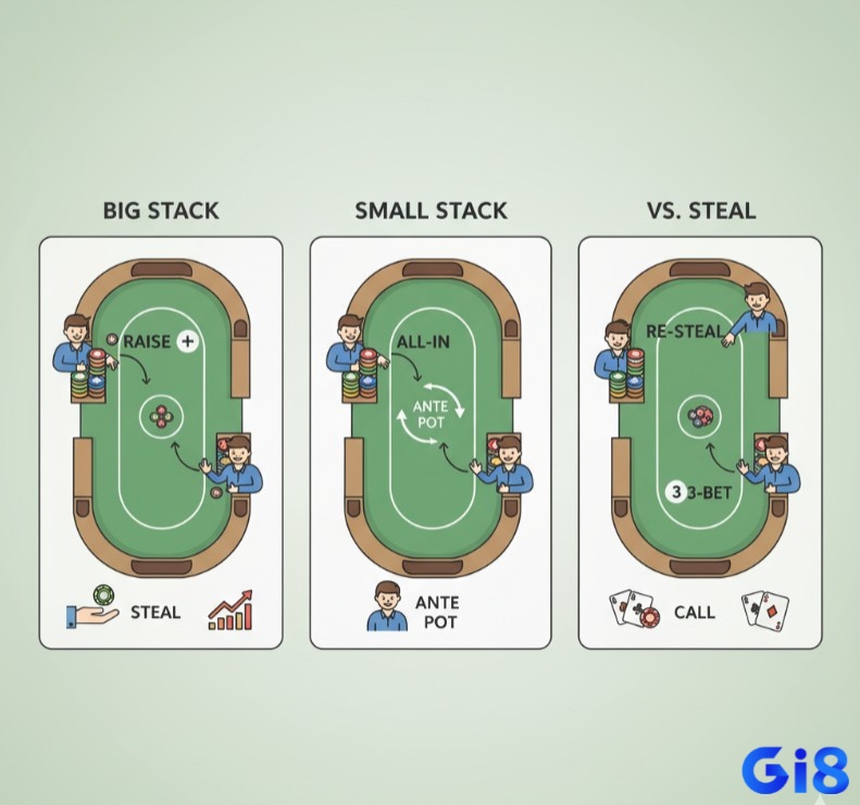 Người chơi poker sử dụng các chiến thuật khác nhau như raise, all-in và re-steal tùy theo kích thước stack để khai thác ante
