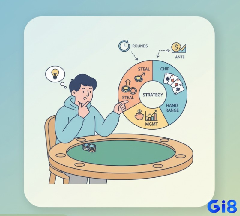 Người chơi poker chiến thắng với các chiến thuật quản lý chip, steal và điều chỉnh phạm vi bài khi Ante tăng cao