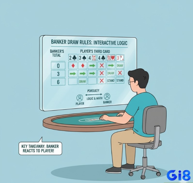 Người chơi nghiên cứu quy tắc rút bài của Banker, phụ thuộc vào lá thứ ba của Player trong Baccarat