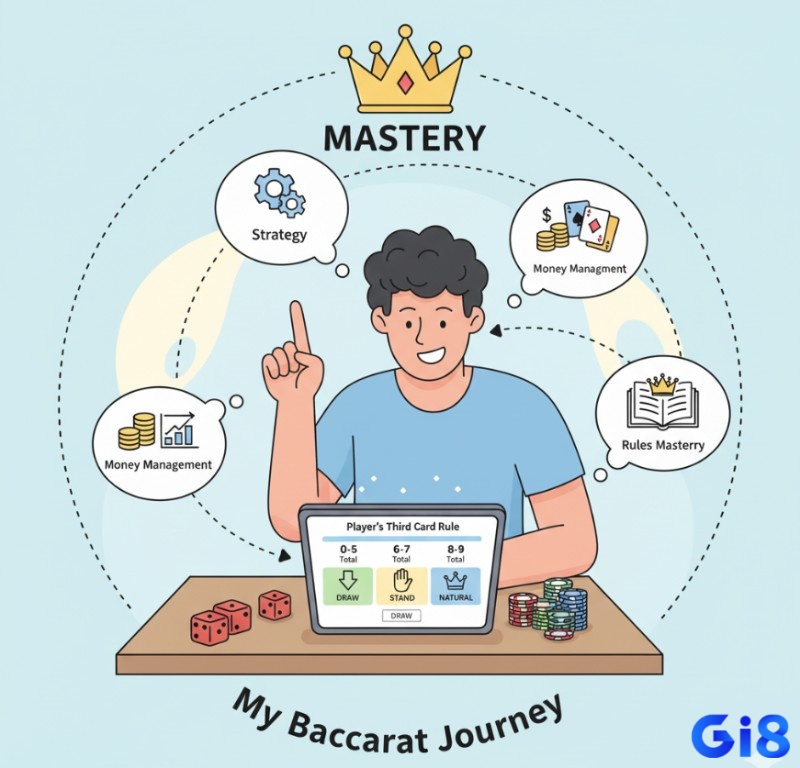 Người chơi Baccarat áp dụng kiến thức về bảng quy tắc rút bài cho Player, chiến thuật và quản lý vốn để làm chủ cuộc chơi