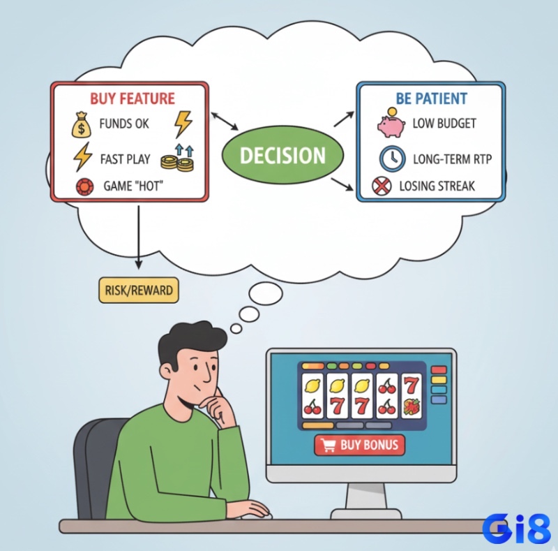 Người chơi slot cân nhắc khi nào nên mua thưởng và khi nào nên kiên nhẫn dựa trên ngân sách, rủi ro và cảm nhận game