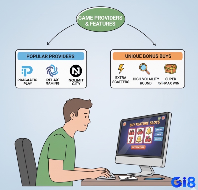 Người chơi tìm hiểu các nhà cung cấp và tựa game slot nổi bật với tính năng mua thưởng, khám phá đặc điểm bonus