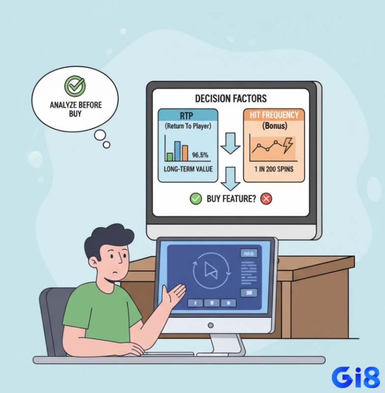 Người chơi slot phân tích RTP và tần suất kích hoạt bonus tự nhiên để quyết định có nên sử dụng tính năng mua thưởng