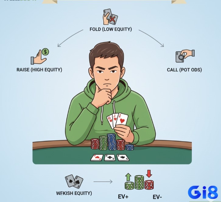Người chơi poker phân tích Equity để đưa ra quyết định Call, Fold hoặc Raise nhằm tối đa hóa lợi nhuận