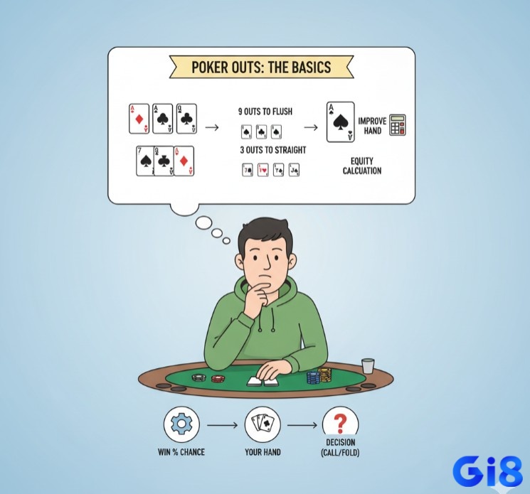 Người chơi poker học cách đếm Outs, những lá bài có thể cải thiện hand, để đưa ra quyết định thông minh