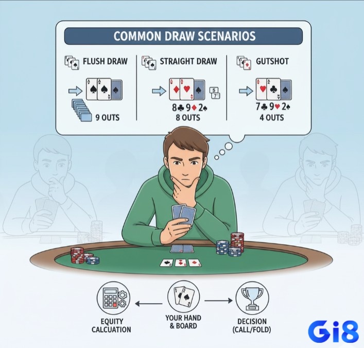 Người chơi poker luyện tập cách đếm Outs nhanh và chính xác để đưa ra quyết định tối ưu trong ván bài