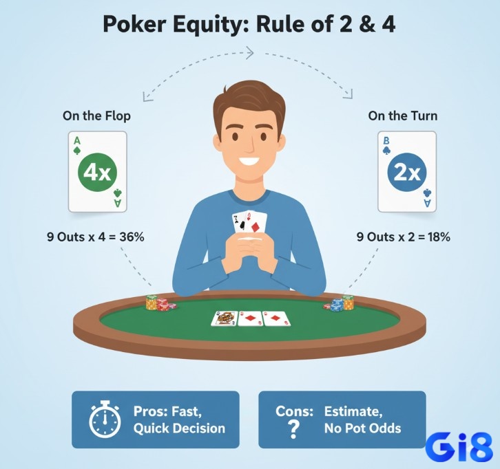 Người chơi poker sử dụng quy tắc "nhân 2 và nhân 4" để ước lượng nhanh Equity trên Flop và Turn