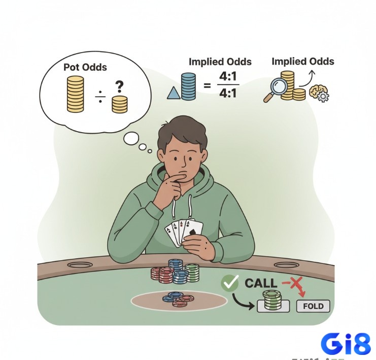 Người chơi poker phân tích pot odds và implied odds để đưa ra quyết định "call" hiệu quả