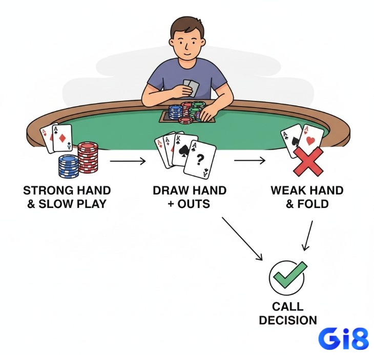 Người chơi poker cân nhắc sức mạnh bài tẩy để quyết định "call", "slow play" hay "fold"