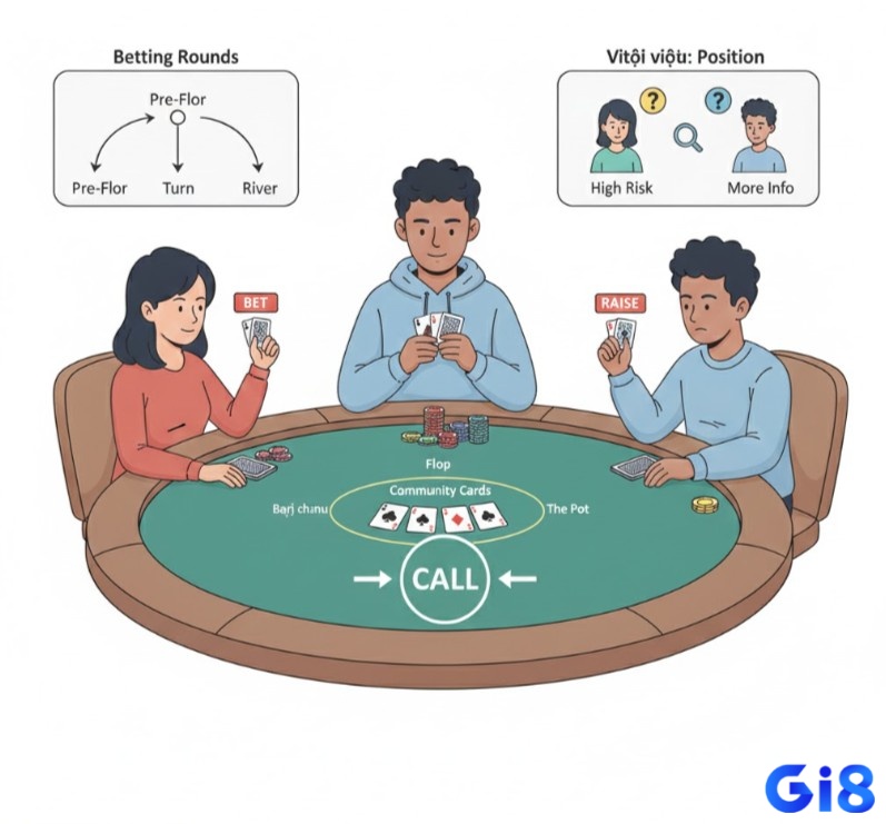 Người chơi Poker hiểu quy trình và vị trí "call" trong các vòng cược Pre-flop, Flop, Turn, River.