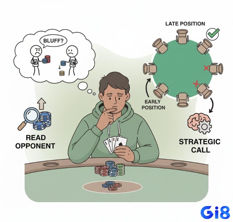 Người tham gia Poker quan sát cách chơi của đối thủ cùng vị trí của mình trên bàn để đưa ra quyết định call hợp lý