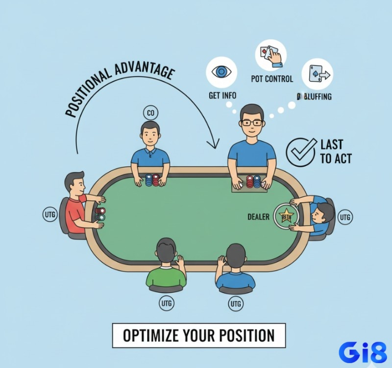 Người chơi Poker tối ưu hóa lợi thế vị trí, để đưa ra quyết định sáng suốt và kiểm soát ván bài tốt hơn