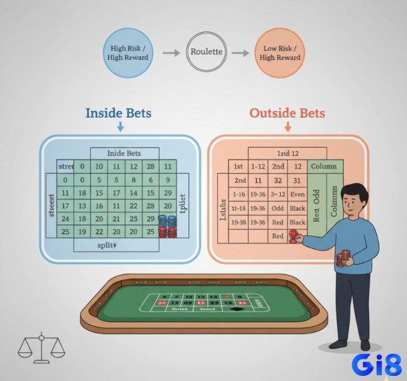 Người chơi đặt cược trên bàn roulette, với các loại cược trong và cược ngoài được phân biệt rõ ràng