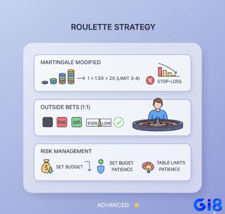 Người chơi Roulette áp dụng biến thể Martingale để giảm rủi ro cược ngoài, quản lý vốn và đặt giới hạn thua lỗ