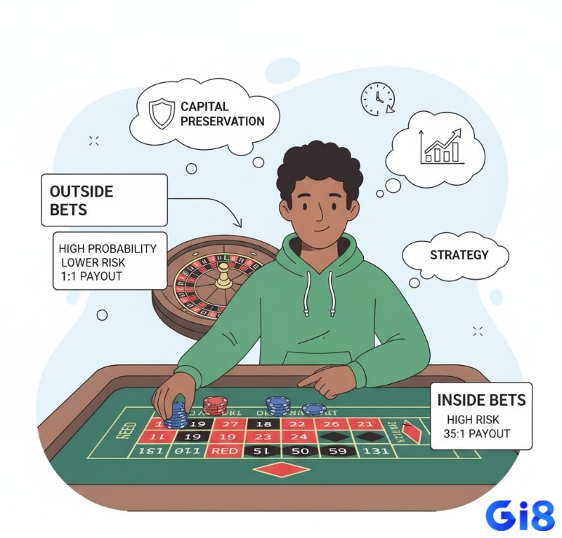 Người chơi roulette phân tích các lựa chọn cược ngoài để bảo toàn vốn và kéo dài thời gian chơi, giảm thiểu rủi ro