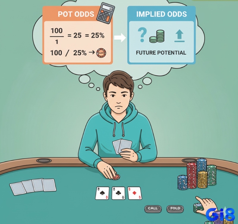 Người chơi Poker tính toán Pot Odds và Implied Odds để đưa ra quyết định Call hoặc Fold thông minh