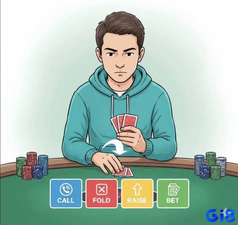 Người chơi Poker quyết định các hành động Call, Fold, Raise, Bet để tối ưu hóa chiến thuật pre-flop