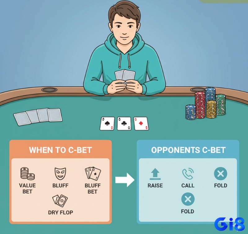 Người chơi Poker cân nhắc c-bet với bài mạnh, bài yếu hoặc flop khô, và cách đối phó