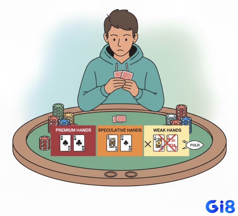 Người chơi Poker đánh giá các loại bài khởi đầu khác nhau để chọn chiến thuật phù hợp