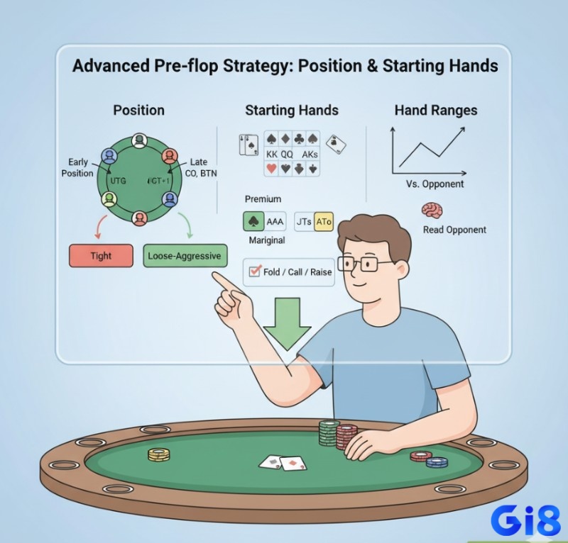 Người chơi poker phân tích chiến thuật pre-flop, vị trí và dãy bài khởi đầu