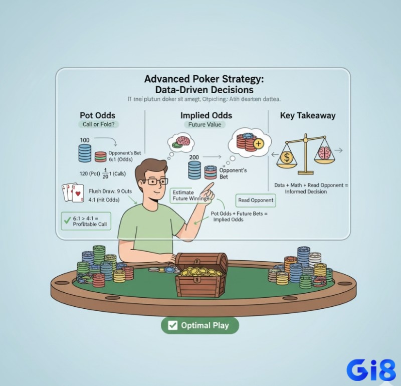 Người chơi poker tính toán pot odds và implied odds, đưa ra quyết định dựa trên dữ liệu