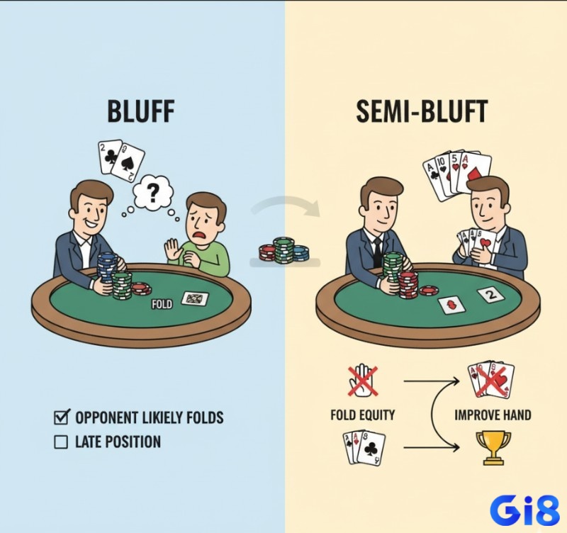 Người chơi Poker tìm hiểu chiến thuật bluff và semi-bluff, học cách lừa gạt đối thủ một cách tính toán để giành chiến thắng