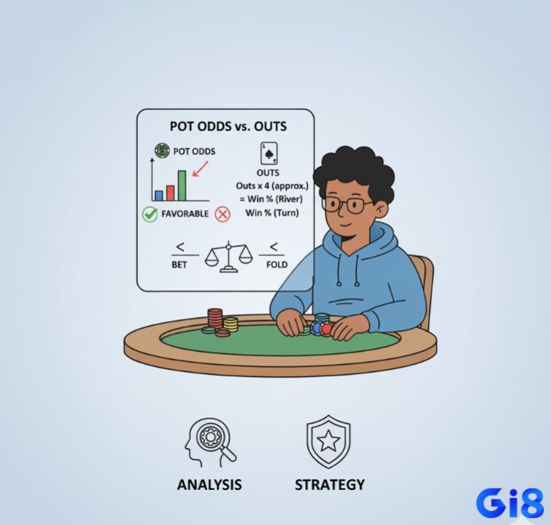 Người chơi poker so sánh Pot Odds với xác suất thắng (Outs) để quyết định chiến lược