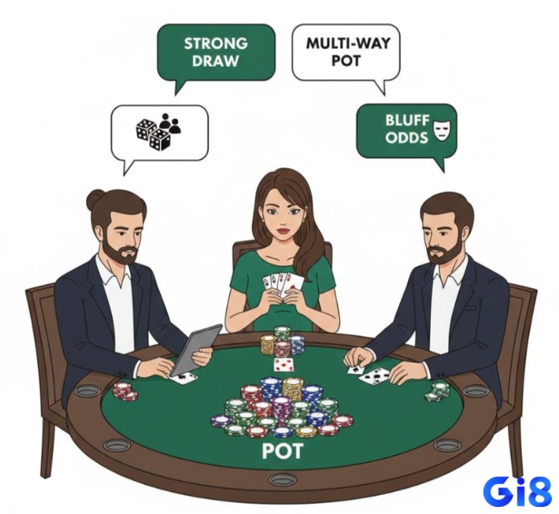 Người chơi poker sử dụng Pot Odds để đưa ra quyết định khi có bài đợi mạnh, ván bài nhiều người hoặc đối thủ hay bluff