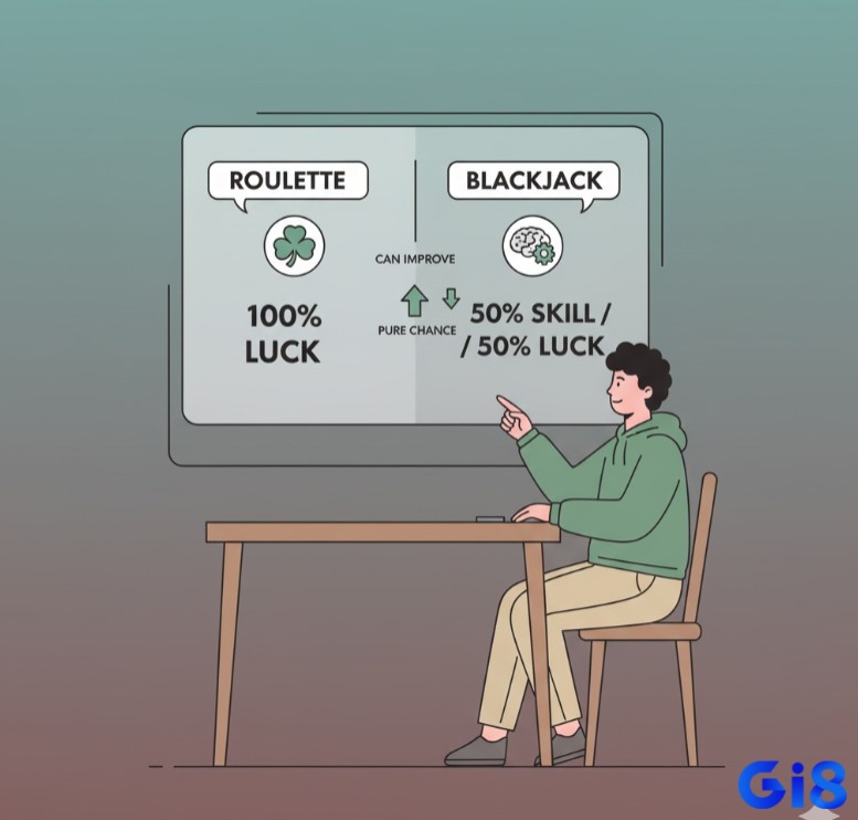 Người chơi so sánh mức độ kỹ năng và may mắn, giữa so sánh Roulette vs Blackjack