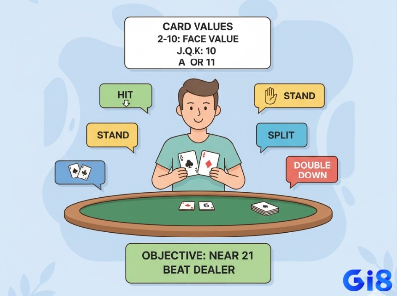 Người chơi tìm hiểu luật chơi cơ bản Blackjack: mục tiêu tổng điểm 21, giá trị bài, và các quyết định chiến lược như Rút, Dừng, Tách, Cược gấp đôi, Bỏ bài
