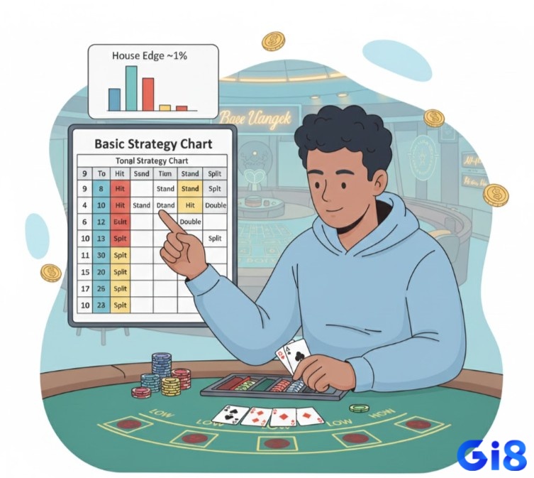 Người chơi tìm hiểu yếu tố kỹ năng và lợi thế nhà cái trong Blackjack, với ""chiến thuật cơ bản"" giúp giảm lợi thế nhà cái xuống thấp