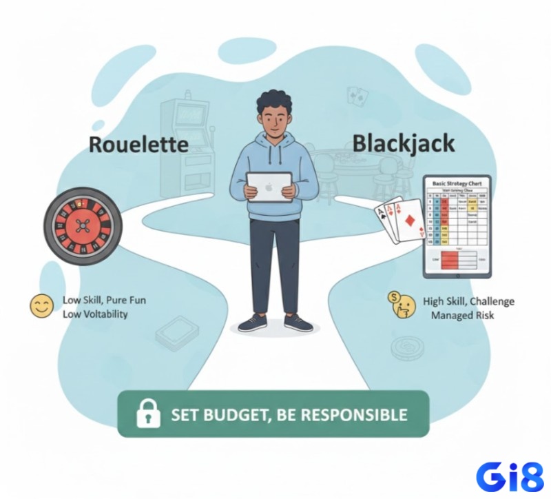 Người chơi lựa chọn so sánh roulette vs blackjack, tùy theo cá tính, mục tiêu giải trí hoặc thử thách trí tuệ, luôn đặt giới hạn ngân sách