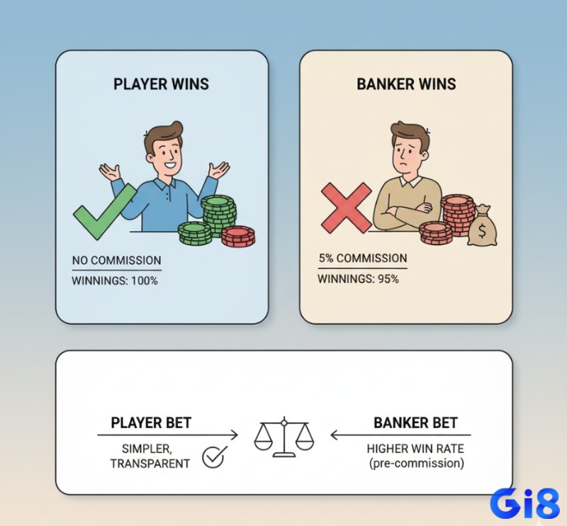 Người chơi Baccarat phân tích lợi ích của việc cược cửa Player không hoa hồng, dù tỷ lệ thắng player baccarat thấp hơn Banker