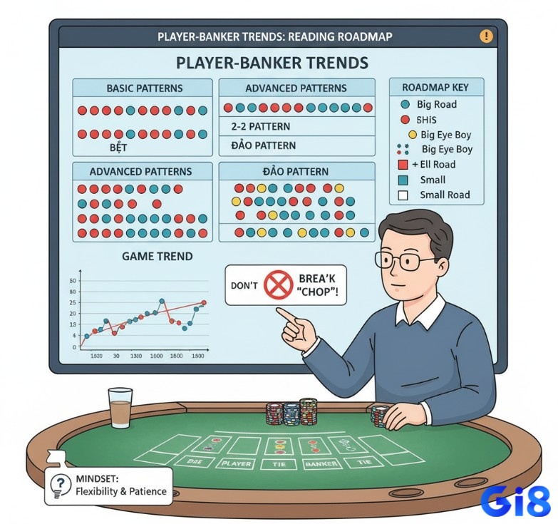 Người chơi baccarat đọc cầu Player và Banker, nhận diện xu hướng để đặt cược hiệu quả