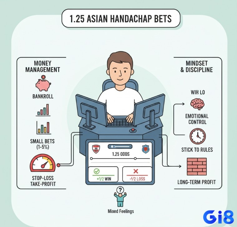 Người chơi cá cược kèo 1.25 cần quản lý vốn hiệu quả và kiểm soát tâm lý, đặt ngân sách rõ ràng, chia nhỏ cược và tuân thủ kỷ luật để duy trì lợi nhuận lâu dài