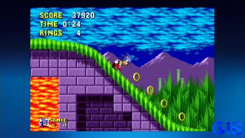 Cảnh Sonic lao qua dốc cong, hiệu ứng tốc độ và nền pixel sáng rõ