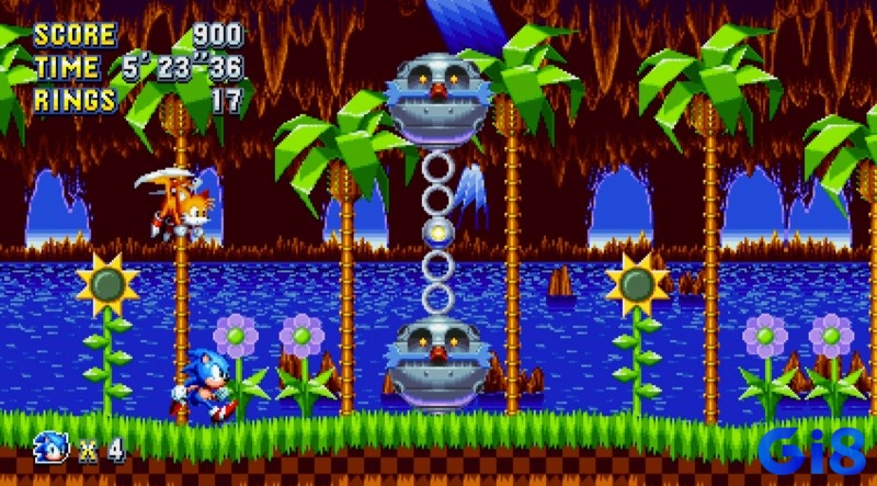 Màn đấu trùm với hiệu ứng nổ và nền pixel chuyển cảnh, Sonic đứng ở bệ an toàn