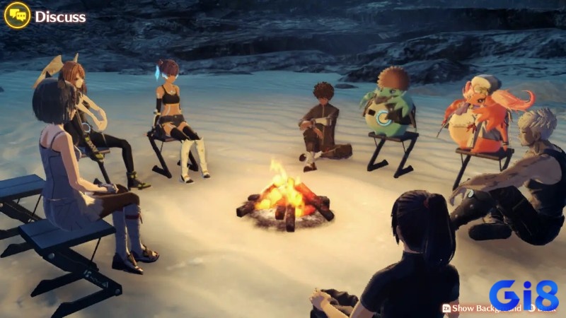 Cảnh đội hình nghỉ tại khu cắm trại khi câu chuyện cá nhân dần mở ra trong Xenoblade Chronicles 3