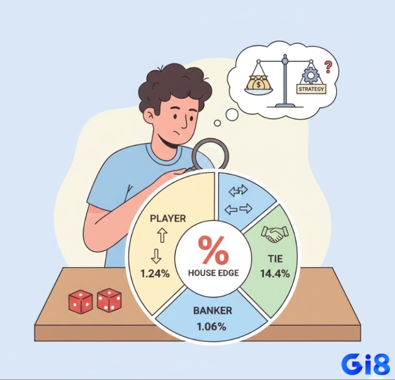 Người chơi Baccarat so sánh các tỷ lệ House Edge (lợi thế nhà cái) giữa các cửa cược để chọn chiến lược đặt cược tối ưu nhất