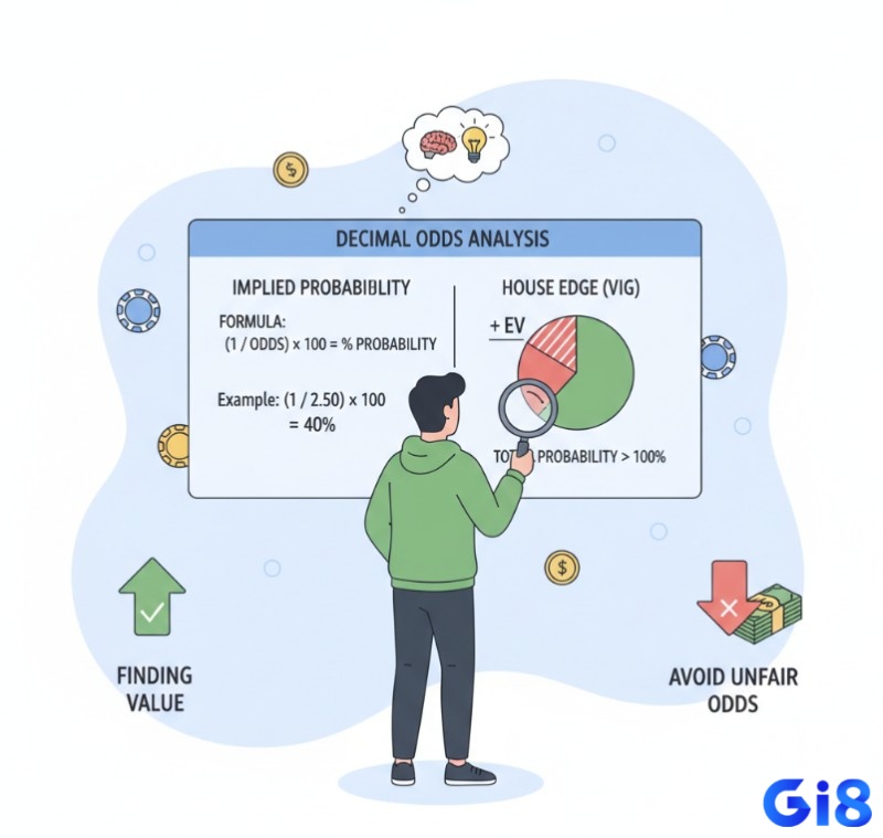 Người chơi phân tích odds thập phân để hiểu xác suất ngụ ý và biên lợi nhuận của nhà cái, tìm kiếm giá trị cược