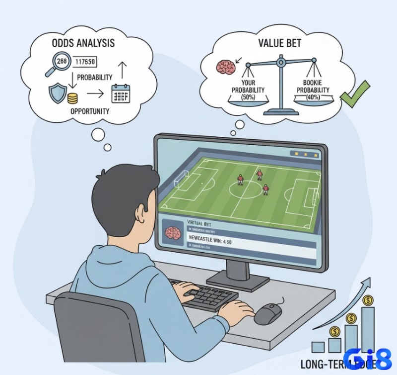 Người chơi phân tích odds thập phân, so sánh xác suất ngụ ý của nhà cái với xác suất thực tế tự đánh giá để tìm kiếm kèo có giá trị