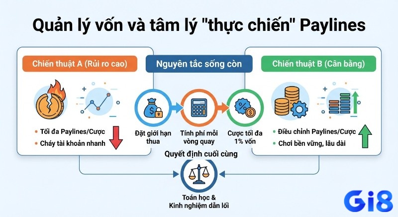 Sơ đồ so sánh chiến lược quản lý vốn và tâm lý khi chơi Paylines, nhấn mạnh nguyên tắc cược tối đa 1% vốn để tránh cháy tài khoản
