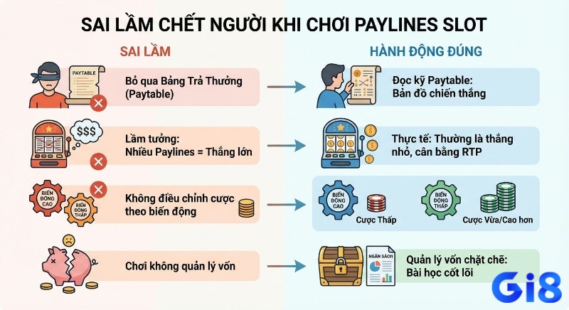 Bảng tổng hợp những sai lầm chết người và hành động đúng cần thực hiện khi chơi Paylines slot, từ Paytable đến quản lý vốn