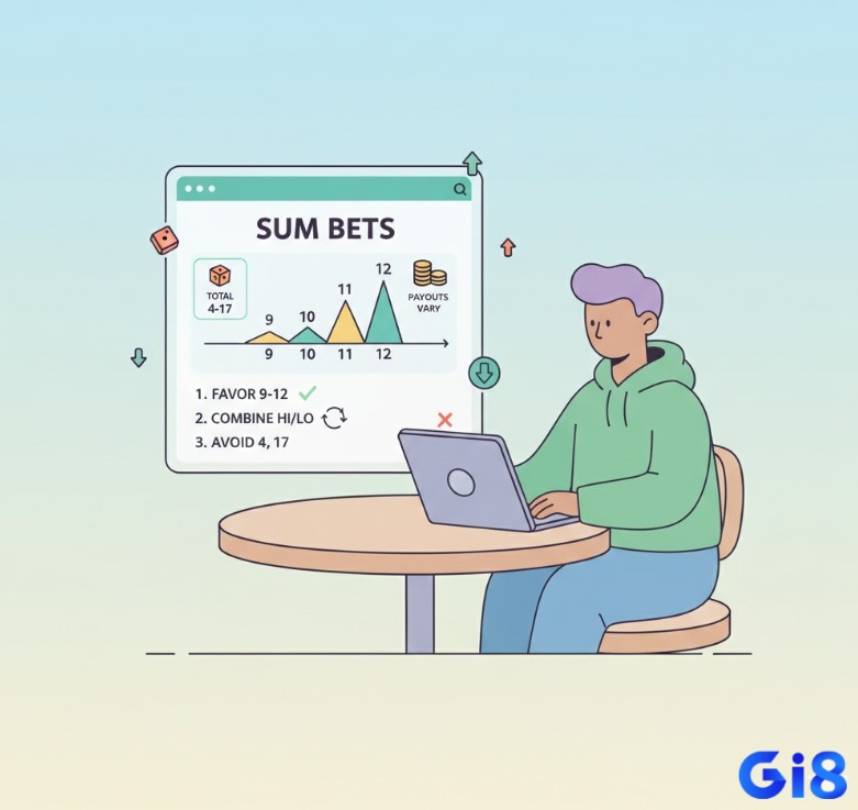 Người chơi Sic Bo xem chiến lược đặt cược tổng điểm (9, 10, 11, 12) để tối ưu lợi nhuận