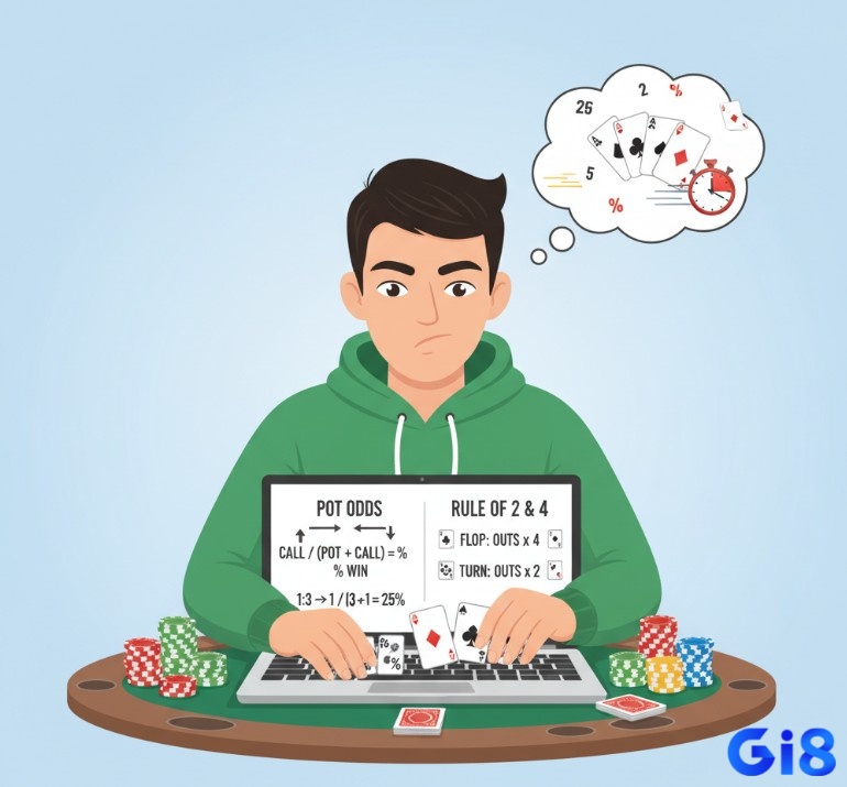 Người chơi poker luyện tập áp dụng công thức Pot Odds và quy tắc 2 & 4 để đưa ra quyết định nhanh trên bàn chơi