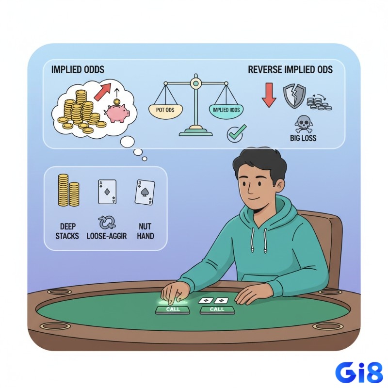 Người chơi poker tính toán tiềm năng lợi nhuận từ Implied Odds và Reverse Implied Odds để đưa ra quyết định đặt cược