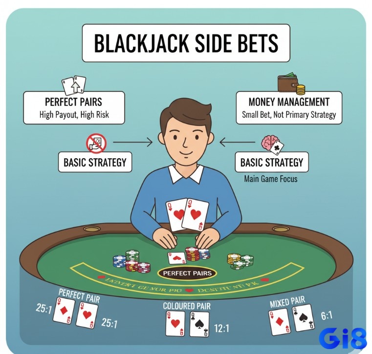 Người chơi Blackjack tìm hiểu Perfect Pairs, một side bet với các loại cặp bài khác nhau, quản lý vốn thận trọng và không thay đổi chiến lược chính